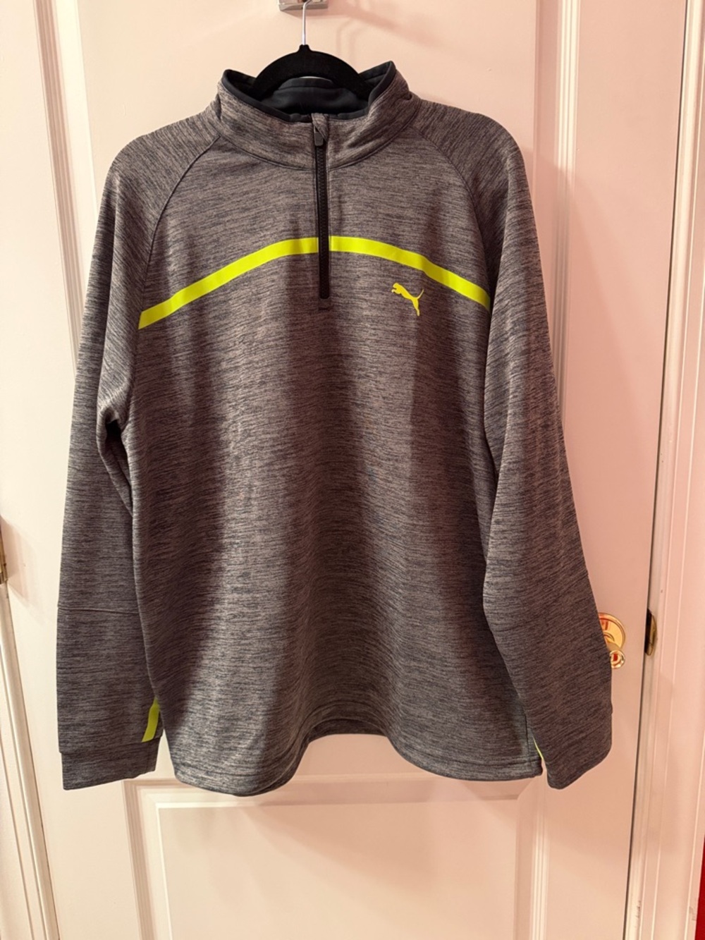 Puma Heather Gray Quarter-Zip Pullover with Neon Green Stripe